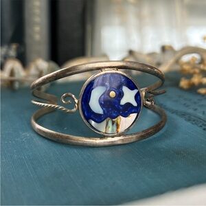 Vintage Silver Blue Moon and Star Cuff Bracelet